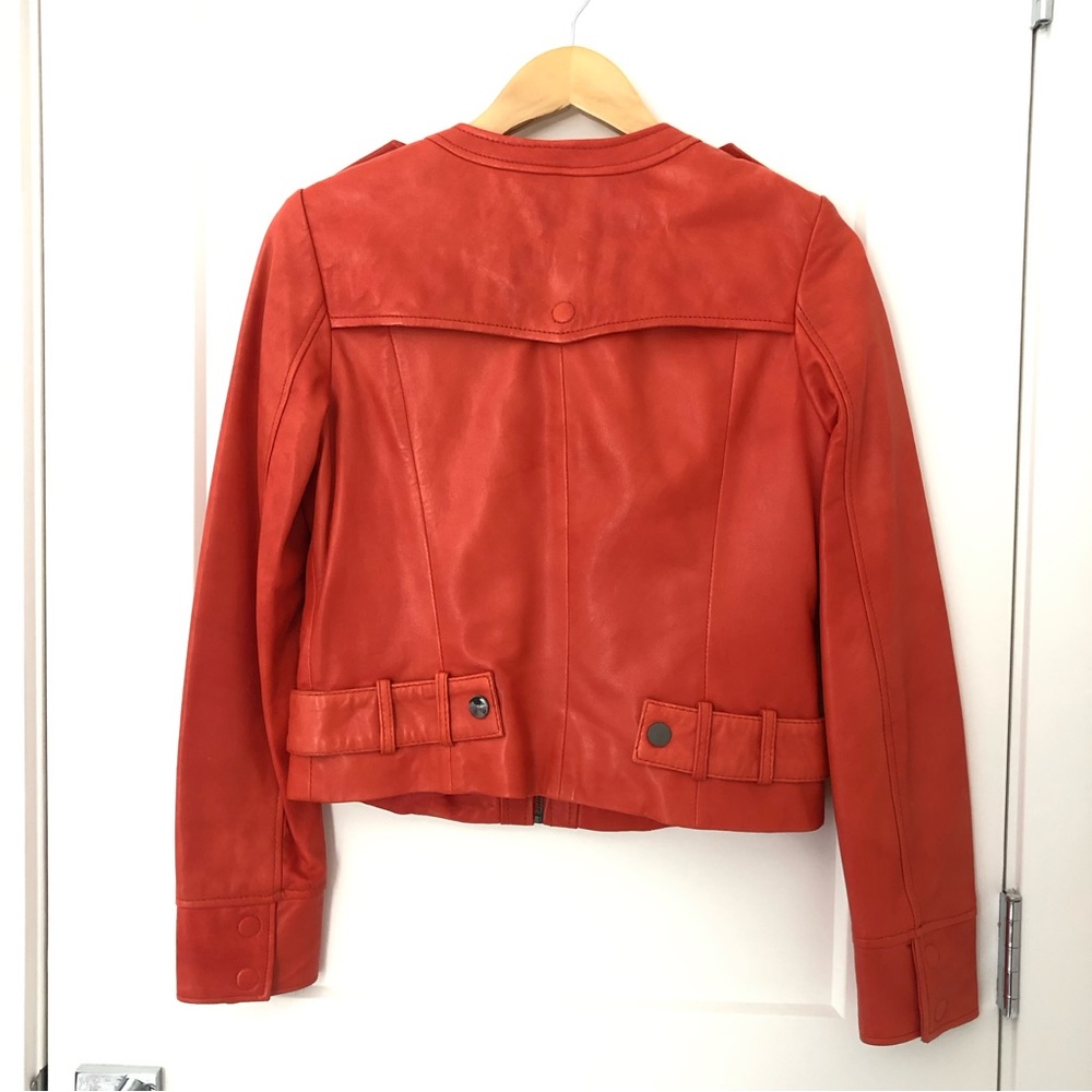 Velvet Heart Leather Jacket Womens Orange Red Collarless Zip Up Size S - Picture 2 of 8